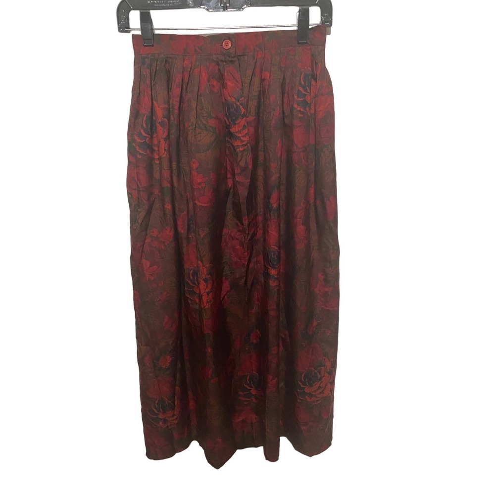 J. Mclaughlin Vintage Womens Red Floral Printed Pleated Silk A-Line Midi Skirt 4